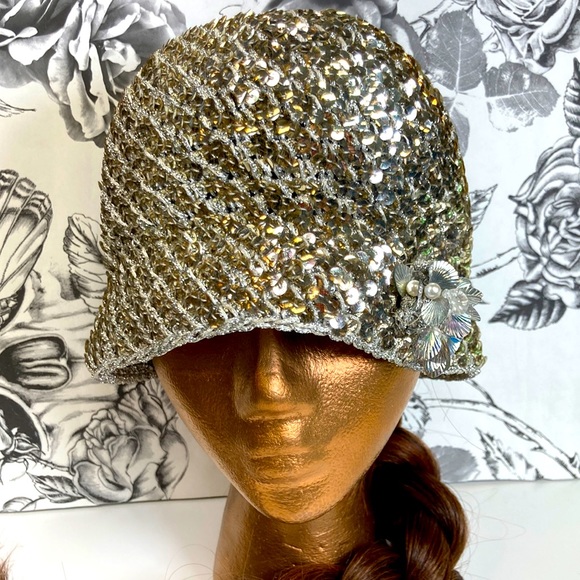 Adolfo II Vintage 60s Mixed Metals Sequin & Metallic Thread Crochet Bucket Hat - Picture 3 of 11